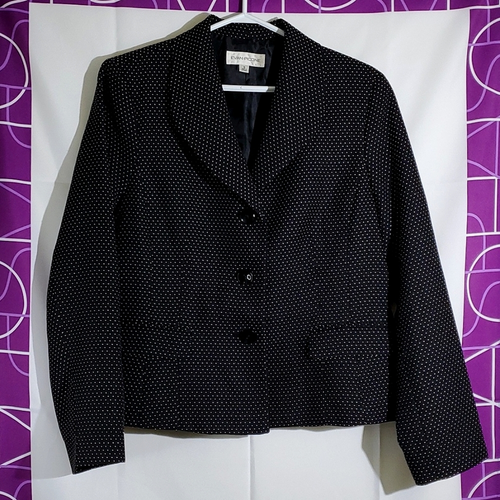 Evan-Picone Black with White Polka Dot, Padded Shoulder Blazer - Size 16 (L)